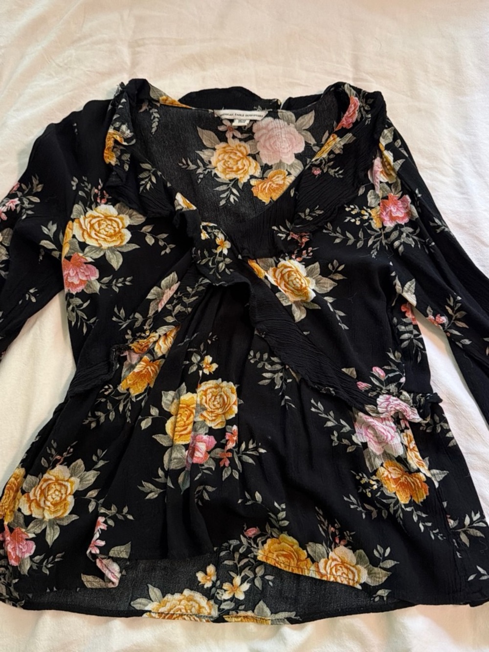 American Eagle Outfitters Black Floral Long-Sleeve Wrap Dress